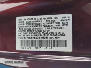2016 Honda Odyssey EX-L with VIN 5FNRL5H66GB103391, listed as a IAAI auction lot 41824067 with 68,672 mi miles and . Bid and sale history available at DreamBid. Image 9.