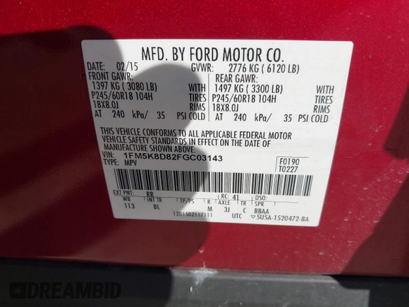 2015 Ford Explorer XLT with VIN 1FM5K8D82FGC03143, listed as a IAAI auction lot 41158637 with 117,282 mi miles and . Bid and sale history available at carsss.com. Image 9.