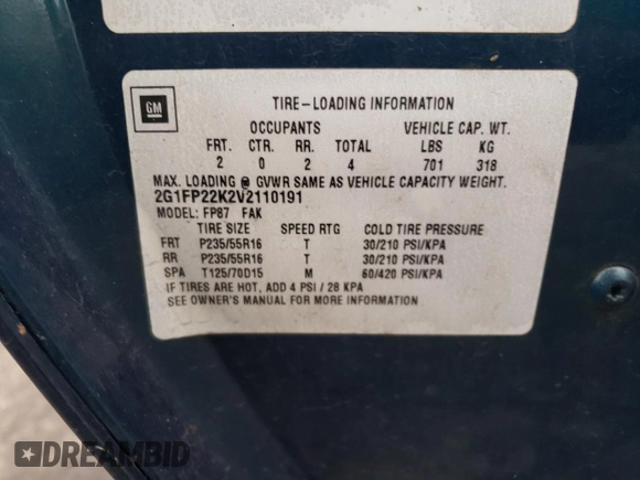1997 Chevrolet Camaro z VIN 2G1FP22K2V2110191, wystawiony jako Copart lot #45376395 z przebiegiem Nie podano mil oraz Szkoda całkowita • Salvage title. Historia ofert i sprzedaży dostępna na DreamBid. Obrazek 12.