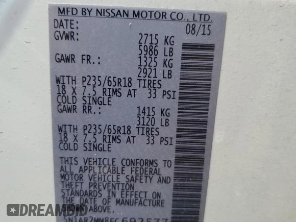 2015 Nissan Pathfinder Platinum z VIN 5N1AR2MM8FC692577, wystawiony jako Copart lot #59165495 z przebiegiem 97 067 mil mil oraz Szkoda całkowita • Salvage title. Historia ofert i sprzedaży dostępna na DreamBid. Obrazek 14.