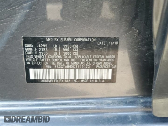 2019 Subaru Impreza with VIN 4S3GTAB6XK3719173, listed as a Copart auction lot 55141795 with 74,894 mi miles and Salvage title. Bid and sale history available at DreamBid. Image 13.