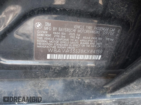 2008 BMW 3 Series 328i with VIN WBAVA33528KX84139, listed as a IAAI auction lot 42146622 with Not provided miles and . Bid and sale history available at DreamBid. Image 9.