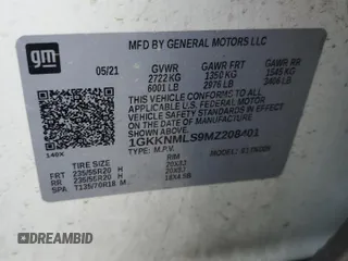 2021 GMC Acadia SLT with VIN 1GKKNMLS9MZ208401, listed as a Copart auction lot 62383745 with 135,613 mi miles and Salvage title. Bid and sale history available at DreamBid. Image 13.