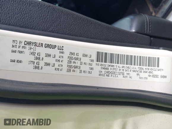 2012 Dodge Durango Crew with VIN 1C4RDHDG9CC152766, listed as a IAAI auction lot 42038931 with 288,545 mi miles and . Bid and sale history available at DreamBid. Image 9.