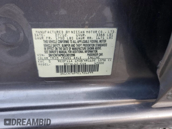 2012 Nissan Versa SL with VIN 3N1CN7AP9CL931299, listed as a Copart auction lot 51016705 with 153,723 mi miles and Salvage title. Bid and sale history available at DreamBid. Image 15.