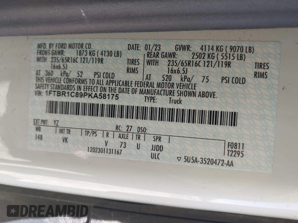 2023 Ford Transit Cargo with VIN 1FTBR1C89PKA58175, listed as a IAAI auction lot 42007354 with 55,141 mi miles. Bid and sale history available at carsss.com. Image 9.