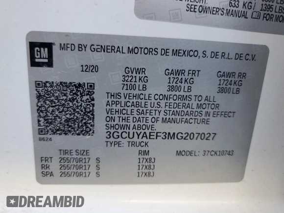 2021 Chevrolet Silverado 1500 Work Truck with VIN 3GCUYAEF3MG207027, listed as a Copart auction lot 42753865 with 15,844 mi miles and Salvage Title. Bid and sale history available at DreamBid. Image 12.