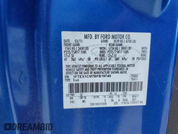 2011 Ford F-150 XL with VIN 1FTEX1CM7BFB19749, listed as a Copart auction lot 66301655 with 207,942 mi miles and Salvage title. Bid and sale history available at DreamBid. Image 12.
