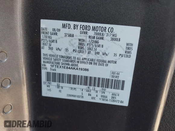 2010 Ford F-150 XL with VIN 1FTEX1E84AKA19386, listed as a IAAI auction lot 41990825 with 82,177 mi miles. Bid and sale history available at carsss.com. Image 9.