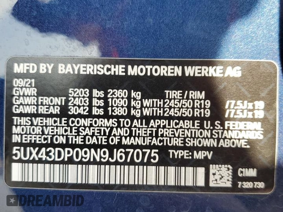 2022 BMW X3 sDrive30i with VIN 5UX43DP09N9J67075, listed as a Copart auction lot 48866855 with 0 mi miles and Salvage Title. Bid and sale history available at carsss.com. Image 13.