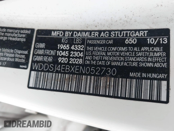 2014 Mercedes-Benz CLA 250 with VIN WDDSJ4EBXEN052730, listed as a IAAI auction lot 42653232 with 152,303 mi miles and . Bid and sale history available at DreamBid. Image 9.