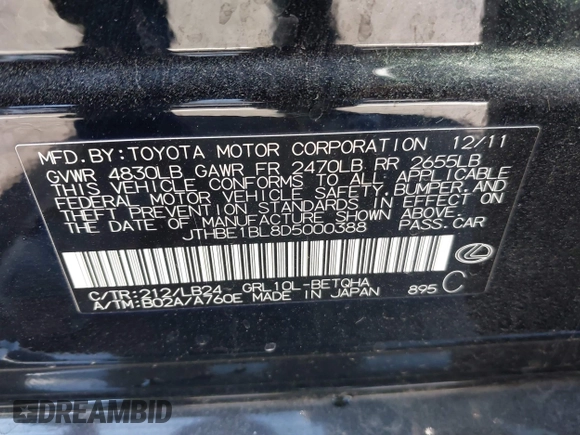 2013 Lexus GS 350 z VIN JTHBE1BL8D5000388, wystawiony jako IAAI lot #40454849 z przebiegiem 123 156 mil mil oraz . Historia ofert i sprzedaży dostępna na DreamBid. Obrazek 9.