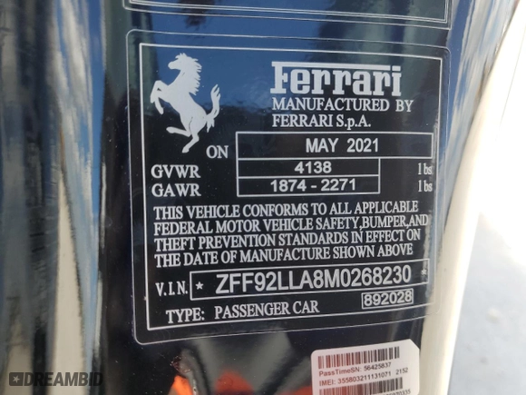 2021 Ferrari F8 Tributo with VIN ZFF92LLA8M0268230, listed as a Copart auction lot 50326925 with 18,802 mi miles and Salvage Title. Bid and sale history available at carsss.com. Image 12.
