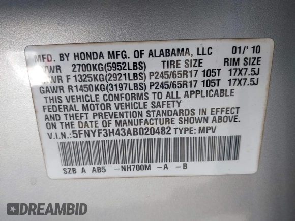 2010 Honda Pilot EX with VIN 5FNYF3H43AB020482, listed as a IAAI auction lot 42077230 with 229,418 mi miles and . Bid and sale history available at carsss.com. Image 9.