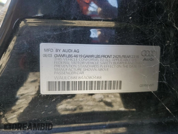 2004 Audi A4 1.8T with VIN WAULC68E84A080488, listed as a Copart auction lot 76735874 with 0 mi miles and Salvage Title. Bid and sale history available at carsss.com. Image 12.
