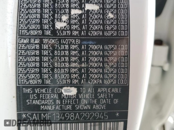 2008 Land Rover Range Rover SC z VIN SALMF13498A292945, wystawiony jako Copart lot #49435605 z przebiegiem 144 043 mil mil oraz Szkoda całkowita • Salvage title. Historia ofert i sprzedaży dostępna na DreamBid. Obrazek 14.