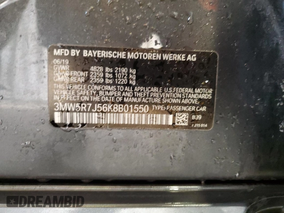 2019 BMW 3 Series 330i xDrive with VIN 3MW5R7J56K8B01550, listed as a Copart auction lot 43216675 with 59,962 mi miles and Salvage Title. Bid and sale history available at DreamBid. Image 12.