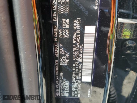 2024 Volvo XC90 Ultimate Bright Theme with VIN YV4H60CF2R1232864, listed as a Copart auction lot 62267935 with 10,753 mi miles and Salvage title. Bid and sale history available at DreamBid. Image 13.