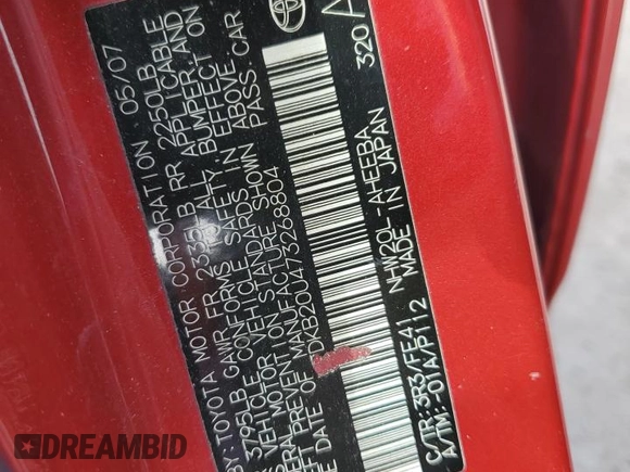 2007 Toyota Prius with VIN JTDKB20U473268804, listed as a Copart auction lot 51985705 with 253,191 mi miles and Salvage Title. Bid and sale history available at DreamBid. Image 12.