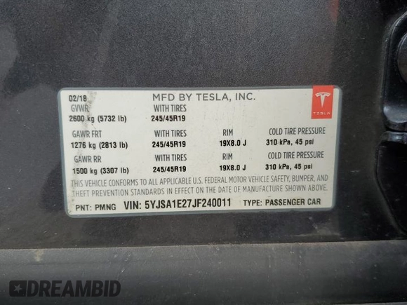 2018 Tesla Model S 75D with VIN 5YJSA1E27JF240011, listed as a Copart auction lot 62922164 with 92,147 mi miles and Salvage title. Bid and sale history available at DreamBid. Image 15.