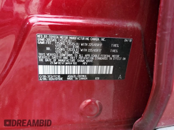 2018 Toyota RAV4 XLE with VIN 2T3WFREV7JW464160, listed as a Copart auction lot 63872925 with 70,826 mi miles and Salvage title. Bid and sale history available at DreamBid. Image 12.