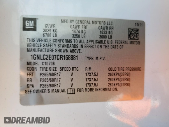 2012 Chevrolet Tahoe Commercial with VIN 1GNLC2E07CR168881, listed as a Copart auction lot 54620715 with 198,976 mi miles and Salvage title. Bid and sale history available at DreamBid. Image 13.