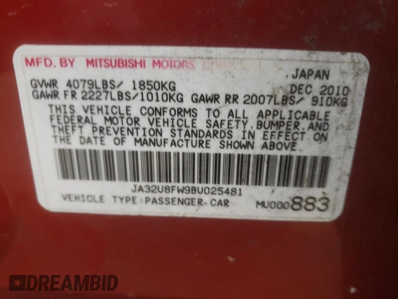 2011 Mitsubishi Lancer GTS with VIN JA32U8FW9BU025481, listed as a Copart auction lot 88100745 with 117,975 mi miles and Salvage Title. Bid and sale history available at carsss.com. Image 12.