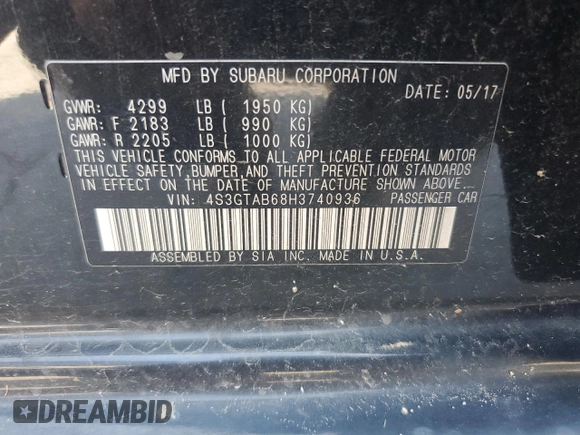 2017 Subaru Impreza Premium with VIN 4S3GTAB68H3740936, listed as a Copart auction lot 64212525 with 74,284 mi miles and Salvage title. Bid and sale history available at DreamBid. Image 12.