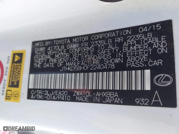 2015 Lexus CT 200h Hybrid with VIN JTHKD5BH0F2240478, listed as a IAAI auction lot 41356444 with 71,118 mi miles. Bid and sale history available at carsss.com. Image 9.