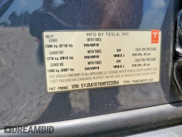 2017 Tesla Model S 60 with VIN 5YJSA1E15HF223354, listed as a Copart auction lot 60064725 with 60,403 mi miles and Salvage title. Bid and sale history available at DreamBid. Image 13.