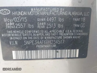 2015 Hyundai Sonata 2.4L Limited with VIN 5NPE34AF6FH234517, listed as a IAAI auction lot 41452758 with 161,941 mi miles. Bid and sale history available at carsss.com. Image 9.