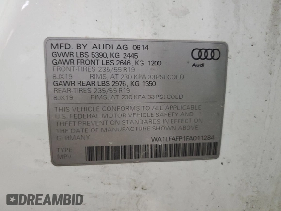 2015 Audi Q5 Premium Plus with VIN WA1LFAFP1FA011284, listed as a Copart auction lot 55804145 with 160,712 mi miles and Clean title. Bid and sale history available at DreamBid. Image 13.