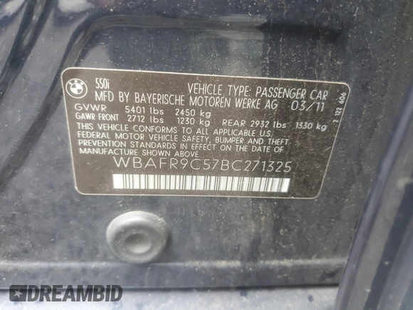 2011 BMW 5 Series 550i z VIN WBAFR9C57BC271325, wystawiony jako Copart lot #60269885 z przebiegiem 134 518 mil mil oraz Szkoda całkowita • Salvage title. Historia ofert i sprzedaży dostępna na DreamBid. Obrazek 12.