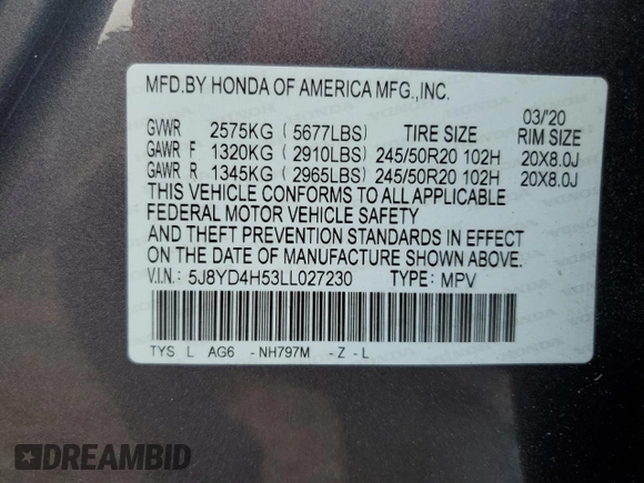 2020 Acura MDX Technology with VIN 5J8YD4H53LL027230, listed as a Copart auction lot 59229895 with 46,074 mi miles and Salvage title. Bid and sale history available at DreamBid. Image 13.