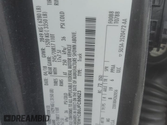 2018 Ford F-150 XL z VIN 1FTEW1CB0JFC80623, wystawiony jako Copart lot #65547275 z przebiegiem 108 136 mil mil oraz Nie do naprawy • Non repairable. Historia ofert i sprzedaży dostępna na DreamBid. Obrazek 12.