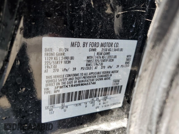 2024 Ford Mustang Mach-E Select z VIN 3FMTK1R49RMA03746, wystawiony jako Copart lot #57418845 z przebiegiem 8 788 mil mil oraz Szkoda całkowita • Salvage title. Historia ofert i sprzedaży dostępna na DreamBid. Obrazek 14.