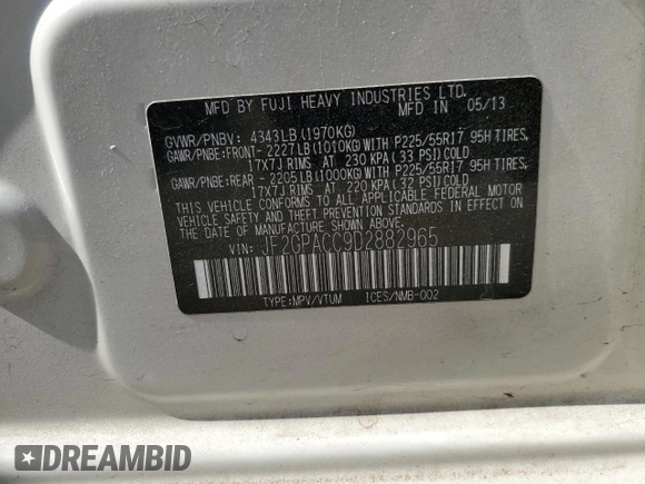 2013 Subaru Crosstrek Premium with VIN JF2GPACC9D2882965, listed as a Copart auction lot 60203485 with 91,168 mi miles and Salvage title. Bid and sale history available at DreamBid. Image 12.