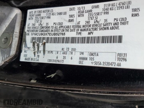 2014 Ford Escape SE with VIN 1FMCU9GX7EUB52765, listed as a Copart auction lot 57563305 with 187,203 mi miles and Salvage title. Bid and sale history available at DreamBid. Image 13.