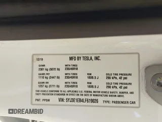 2020 Tesla Model 3 Long Range with VIN 5YJ3E1EB4LF619026, listed as a IAAI auction lot 41796901 with Not Provided miles and . Bid and sale history available at DreamBid. Image 8.