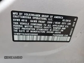 2016 Volkswagen Passat 1.8T SE with VIN 1VWBT7A34GC030092, listed as a Copart auction lot 71264114 with 131,798 mi miles and Salvage Title. Bid and sale history available at carsss.com. Image 12.