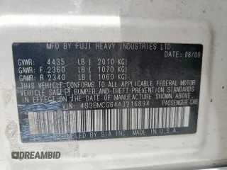 2010 Subaru Legacy Premium All-Weather Anniversary with VIN 4S3BMCG64A3216894, listed as a Copart auction lot 59358625 with 91,995 mi miles and Salvage title. Bid and sale history available at DreamBid. Image 13.
