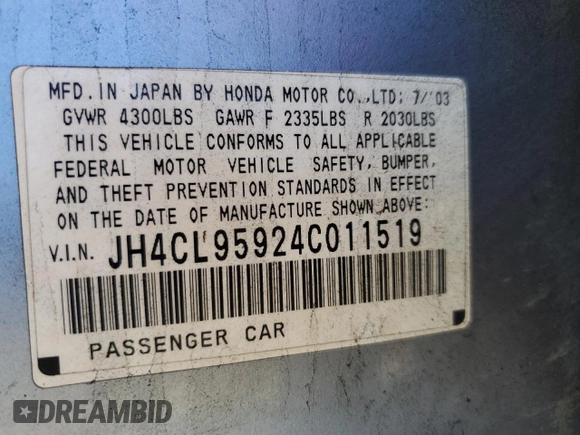 2004 Acura TSX w/Navigation z VIN JH4CL95924C011519, wystawiony jako Copart lot #87966825 z przebiegiem 213 023 mil mil oraz Szkoda całkowita • Salvage title. Historia ofert i sprzedaży dostępna na DreamBid. Obrazek 12.