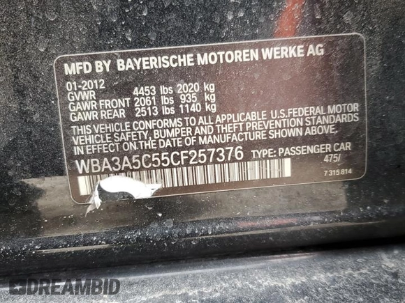 2012 BMW 3 Series 328i with VIN WBA3A5C55CF257376, listed as a Copart auction lot 46587005 with 157,965 mi miles and Salvage Title. Bid and sale history available at carsss.com. Image 12.