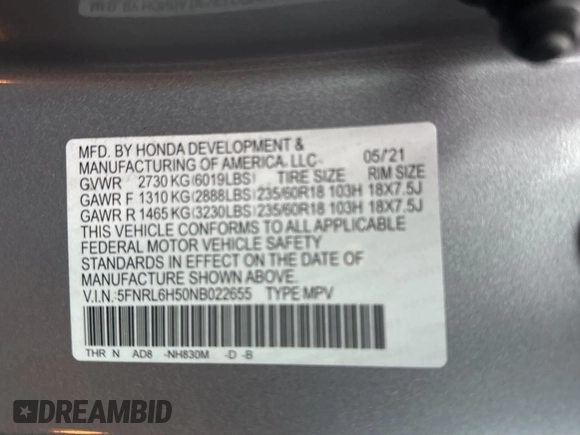 2022 Honda Odyssey EX with VIN 5FNRL6H50NB022655, listed as a Copart auction lot 51377325 with 26,325 mi miles and Clean Title. Bid and sale history available at DreamBid. Image 10.