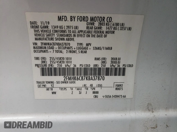 2019 Ford Flex SEL with VIN 2FMHK6C87KBA37870, listed as a Copart auction lot 79259324 with 54,824 mi miles and Salvage Title. Bid and sale history available at carsss.com. Image 13.