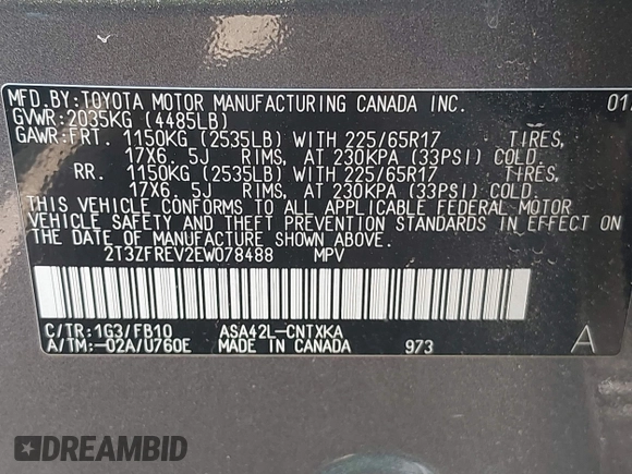 2014 Toyota RAV4 LE with VIN 2T3ZFREV2EW078488, listed as a IAAI auction lot 42326147 with 174,157 mi miles and . Bid and sale history available at DreamBid. Image 9.