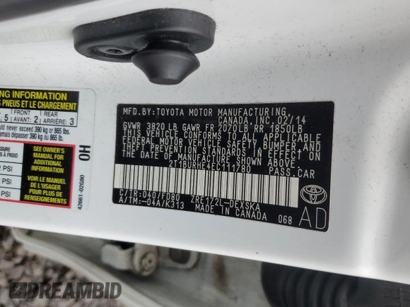 2014 Toyota Corolla L with VIN 2T1BURHE4EC111780, listed as a Copart auction lot 60869745 with 115,062 mi miles and Salvage title. Bid and sale history available at DreamBid. Image 12.