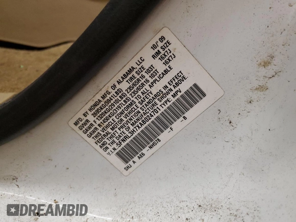 2010 Honda Odyssey EX-L z VIN 5FNRL3H7XAB024701, wystawiony jako Copart lot #56007685 z przebiegiem Nie podano mil oraz Nie do naprawy • Non repairable. Historia ofert i sprzedaży dostępna na DreamBid. Obrazek 13.
