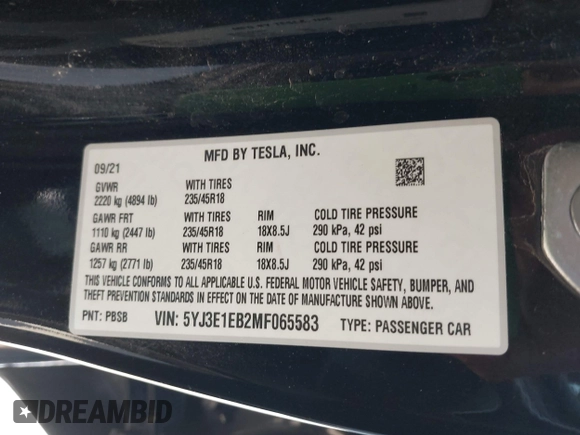 2021 Tesla Model 3 Long Range with VIN 5YJ3E1EB2MF065583, listed as a IAAI auction lot 42067399 with 52,333 mi miles. Bid and sale history available at carsss.com. Image 9.