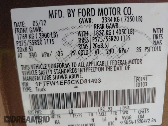 2012 Ford F-150 XL with VIN 1FTFW1EF5CKD81493, listed as a IAAI auction lot 41664846 with 213,004 mi miles. Bid and sale history available at carsss.com. Image 9.